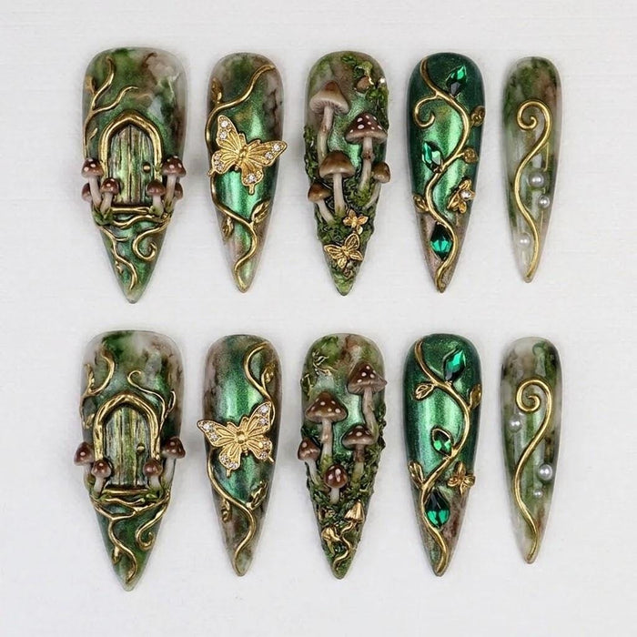 Enchanted Forest Green Marble Press On Nails with 3D Mushrooms, Gold Vines, and Fairy Garden Details