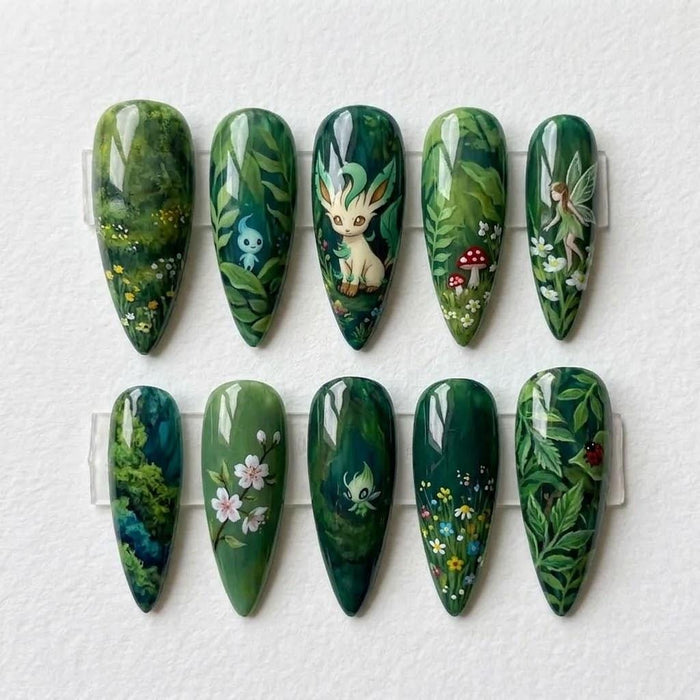 Enchanted Forest Green Press On Nails with Woodland Creatures, Flowers and Mushroom Art