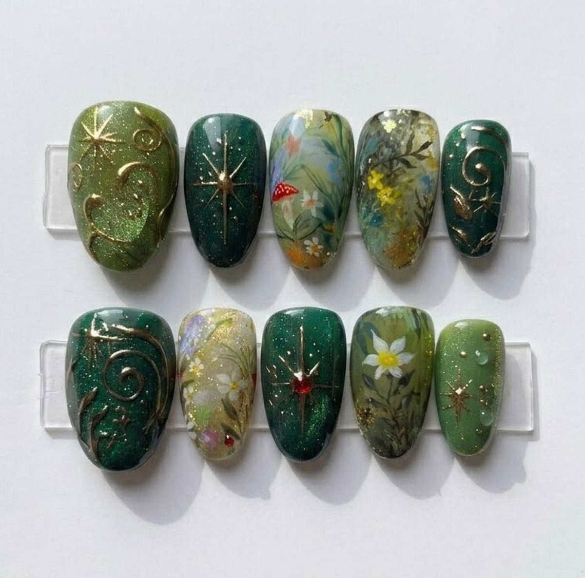Enchanted Forest Green Press-On Nails with Botanical Art, Gold Stars and Dewdrop Details