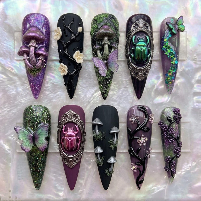 Enchanted Forest Mushroom and Beetle Press-On Nail Set in Purple, Green & Black