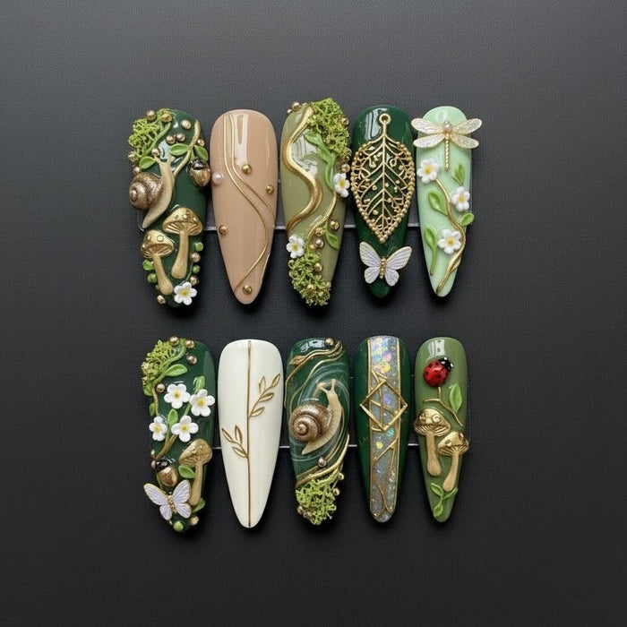 Enchanted Forest Press On Nails with 3D Mushrooms, Snails, Vines and Butterflies
