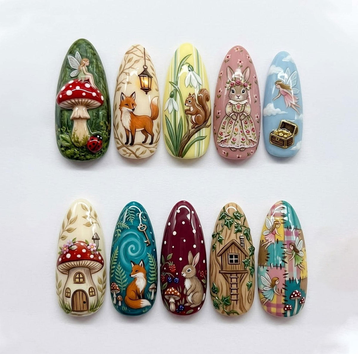 Enchanted Forest Storybook Nails With Woodland Animals and 3D Mushroom