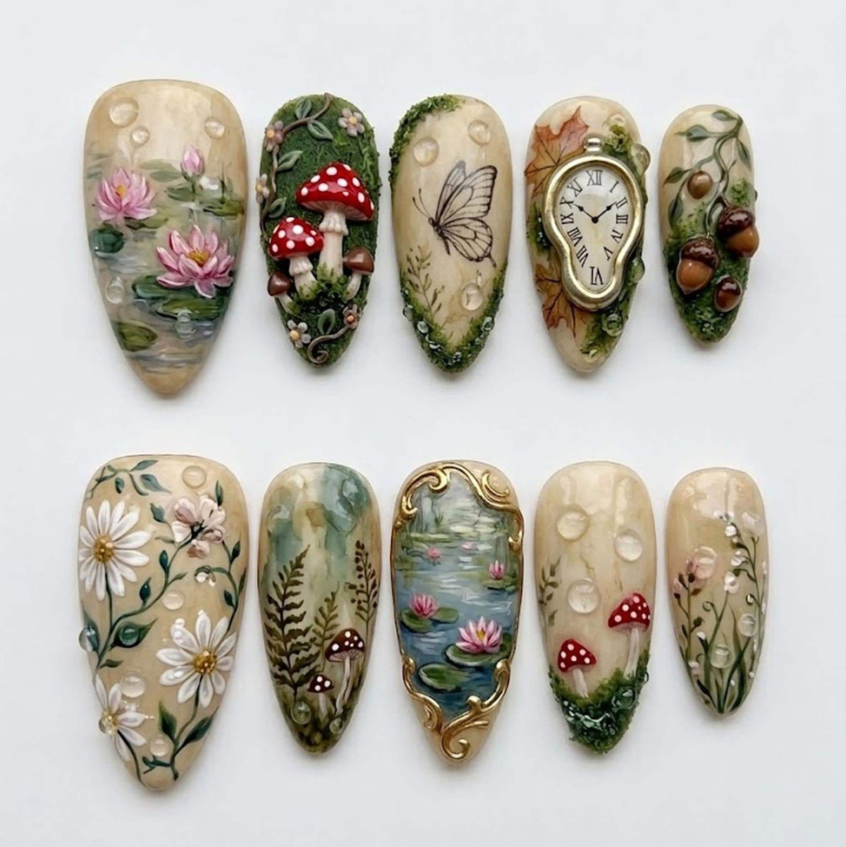 Enchanted Woodland Nails with Mushrooms, Pond Lilies, Flowers, and Gold Details