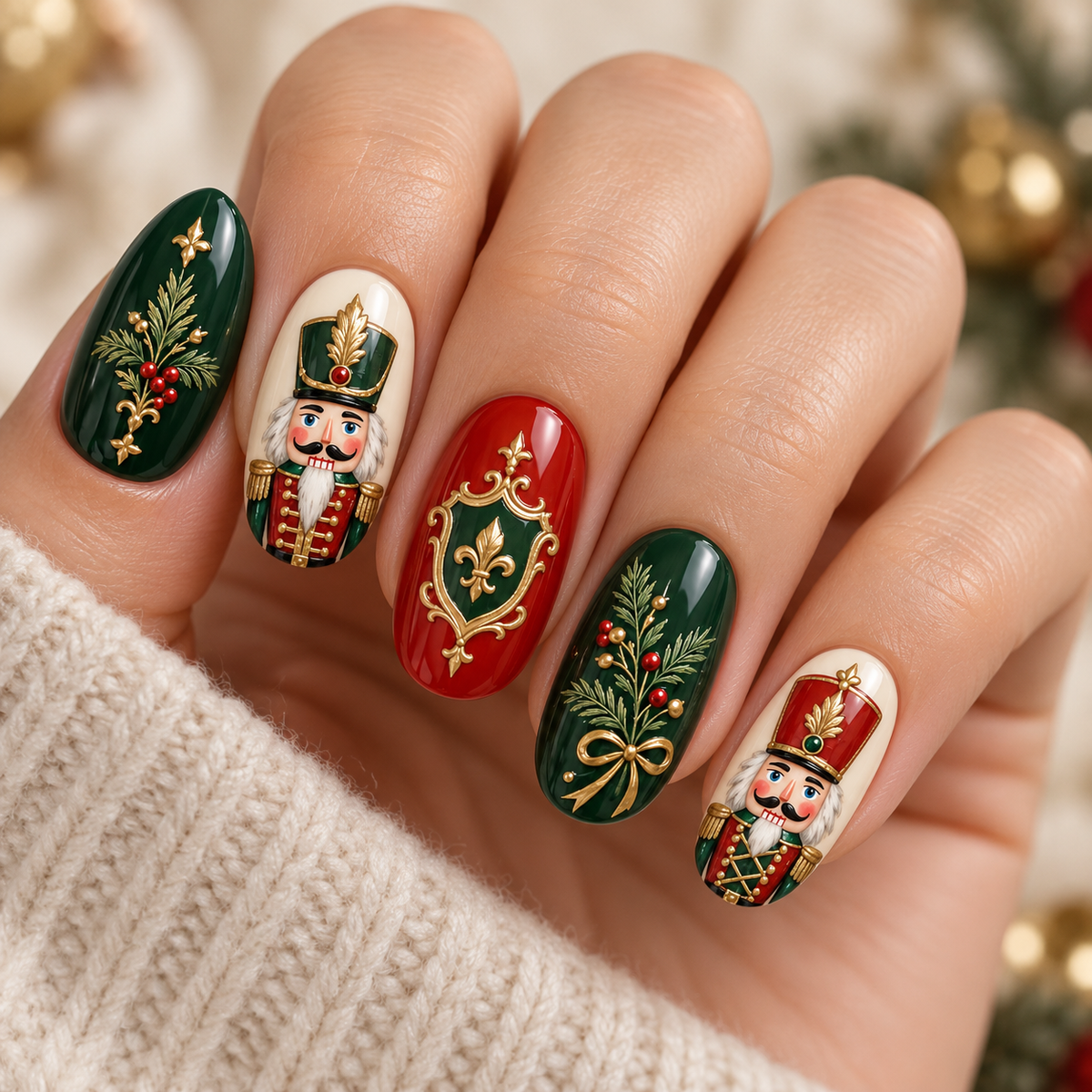 Evergreen Nutcracker Nails With Gold Borders