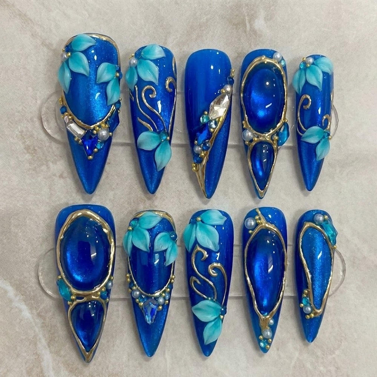 Fairy Forest Emerald Green Jeweled Nails With 3D Leaves and Gold-Tone Details
