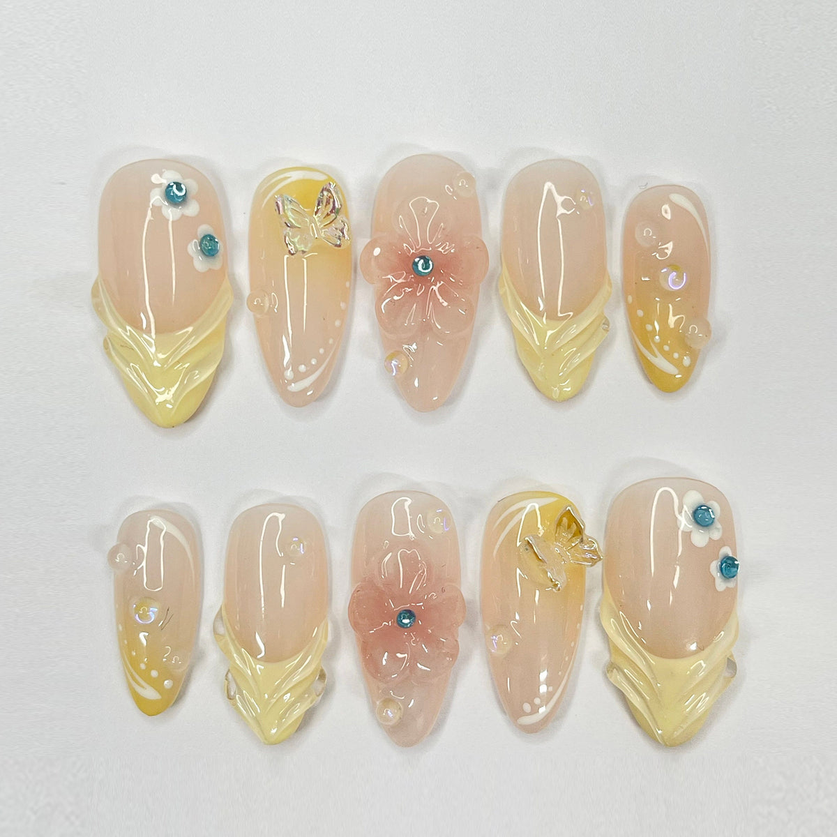 Fairy Garden Press On Nails with 3D Pink Flowers, Butterflies and Gems