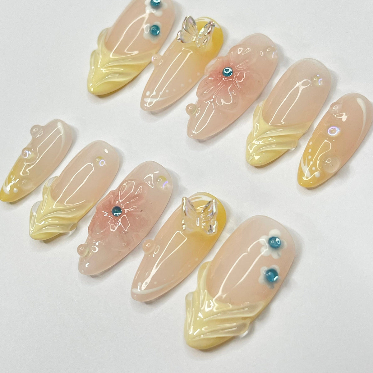 Fairy Garden Press On Nails with 3D Pink Flowers, Butterflies and Gems