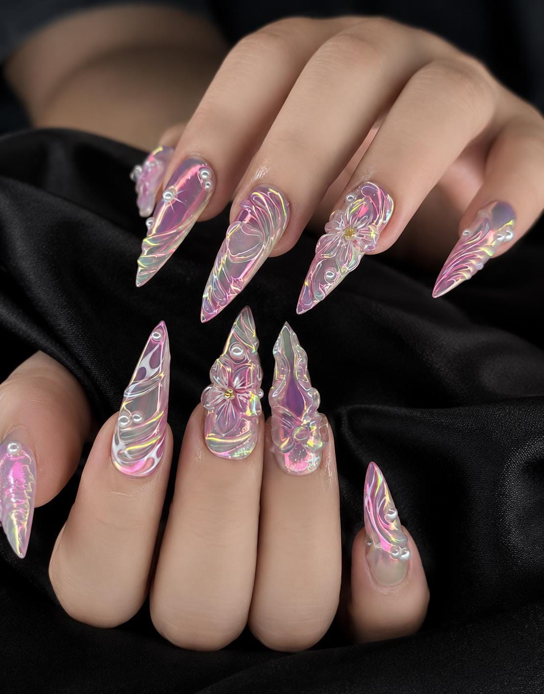 Fairy Mermaid Pink-Lilac Iridescent 3D Floral Glass Effect Nail Set