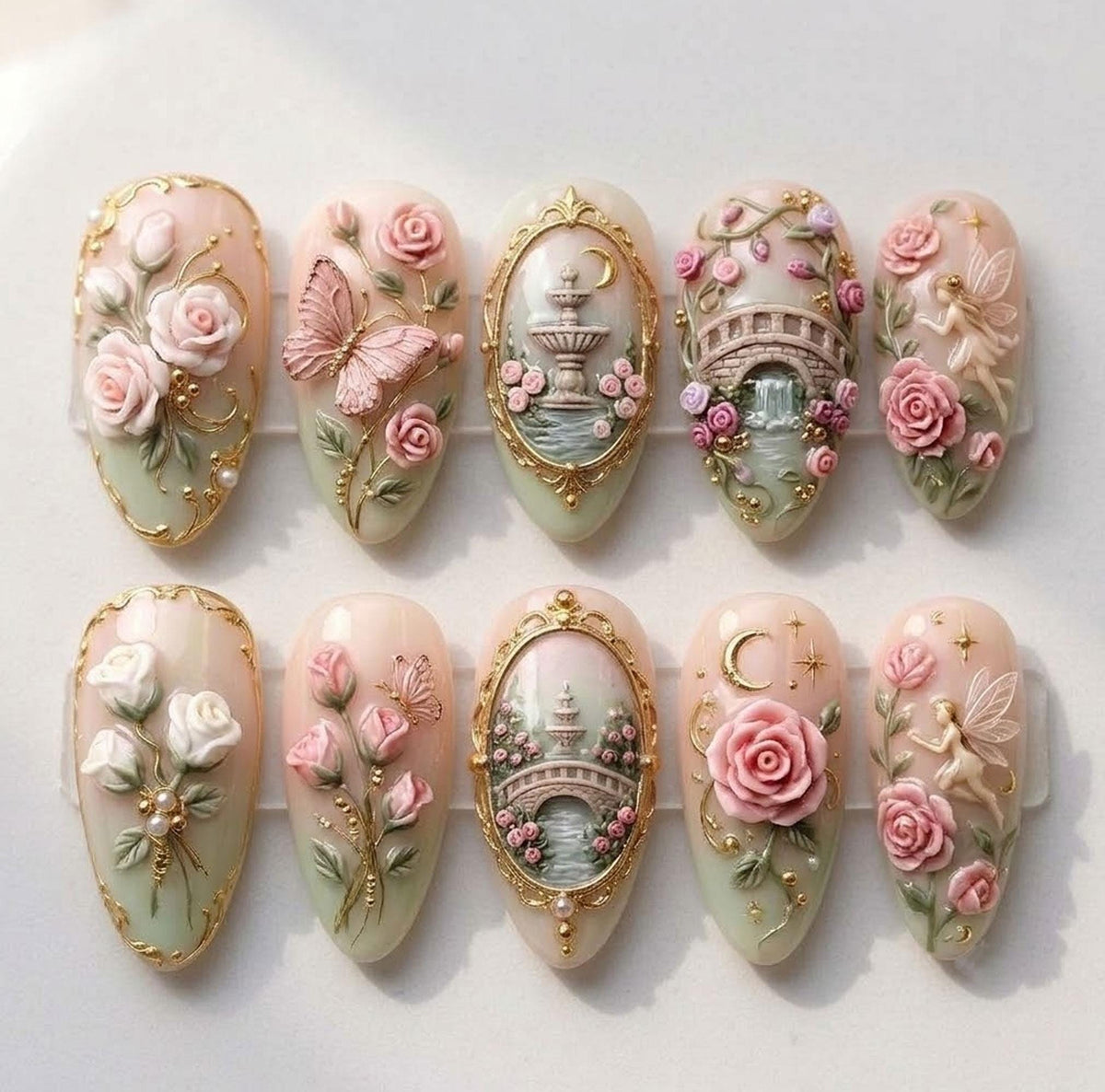 Fairycore Garden Press-On Nails with 3D Roses, Gold Filigree and Butterfly Details