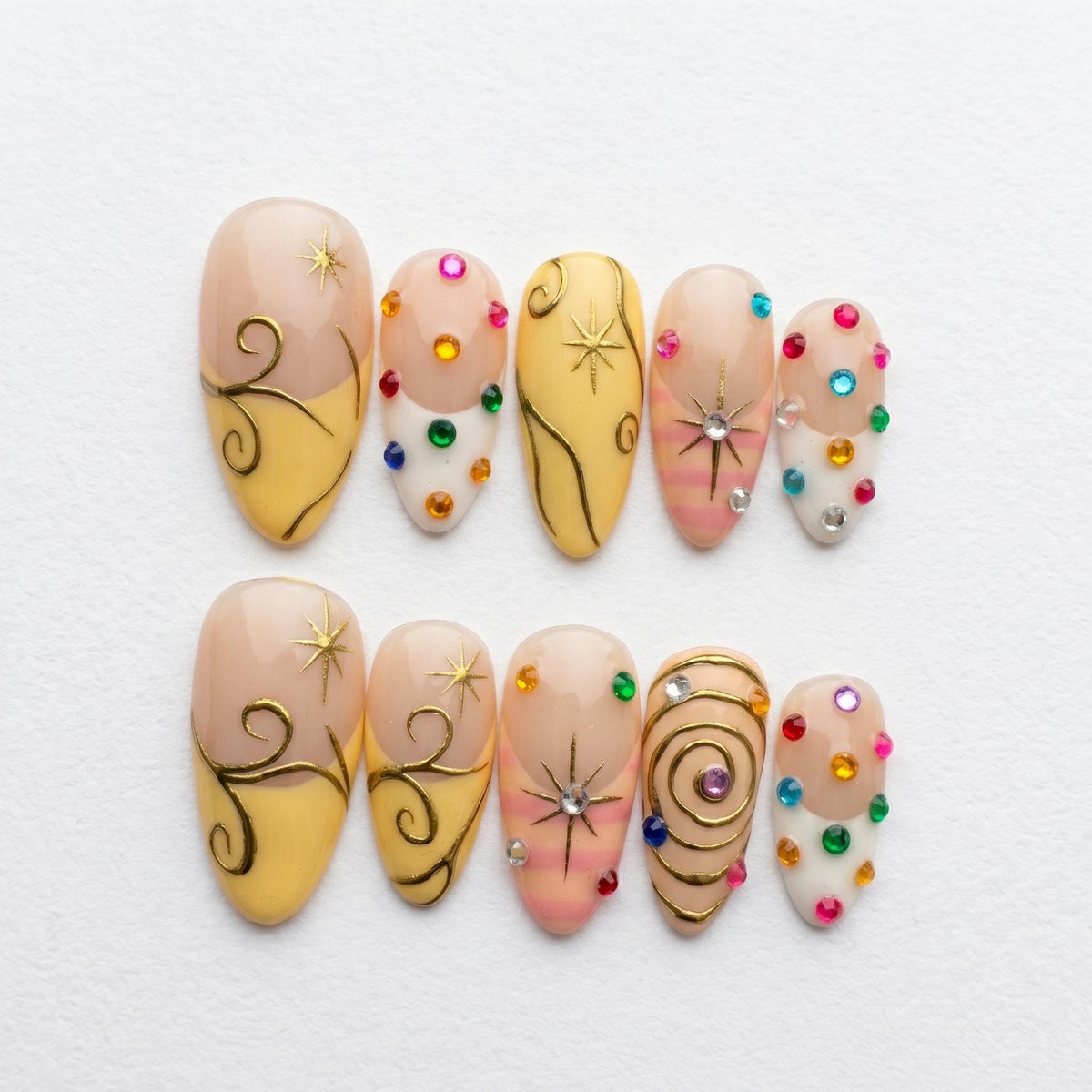 Fairycore Nude Pink and Gold Celestial Swirl Press-On Nails with Rhinestones