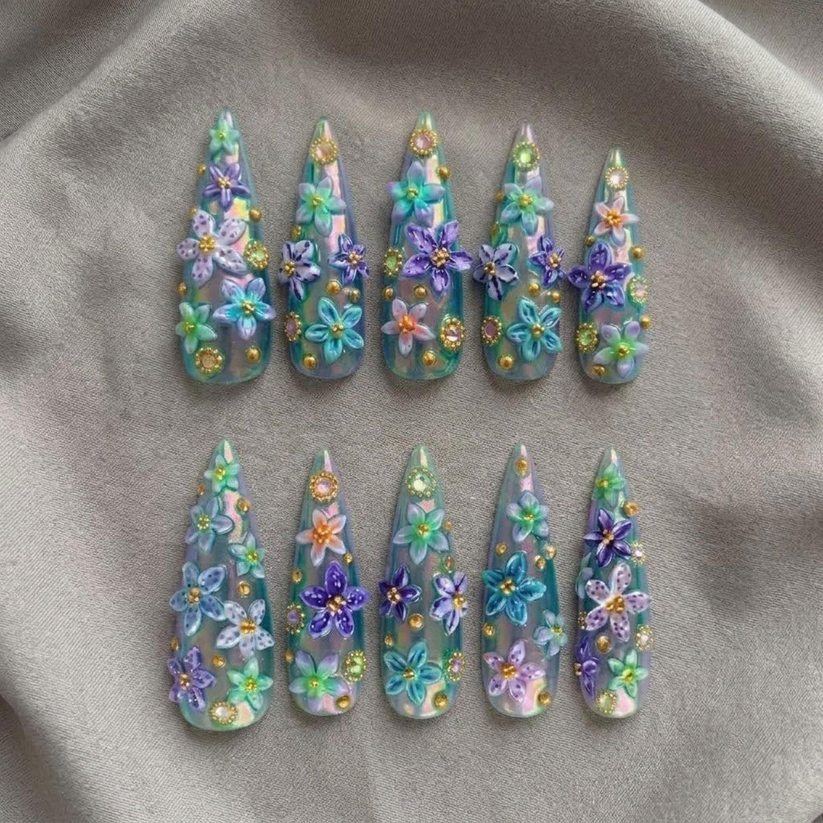 Fairycore Spring Floral Press-On Nails with 3D Flowers and Iridescent Accents