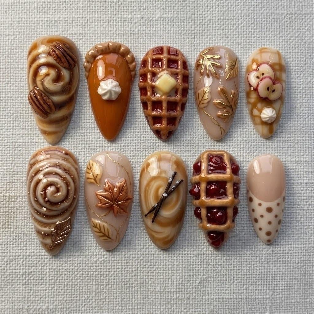 Fall Bakery Press On Nails With 3D Cinnamon Rolls, Waffles and Maple Leaf Details