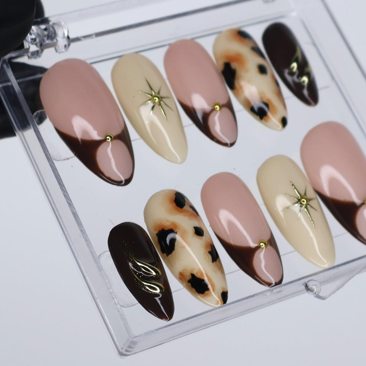 Fall Blush Pink and Brown Cow Print French Tip Nail Set with Gold Starbursts