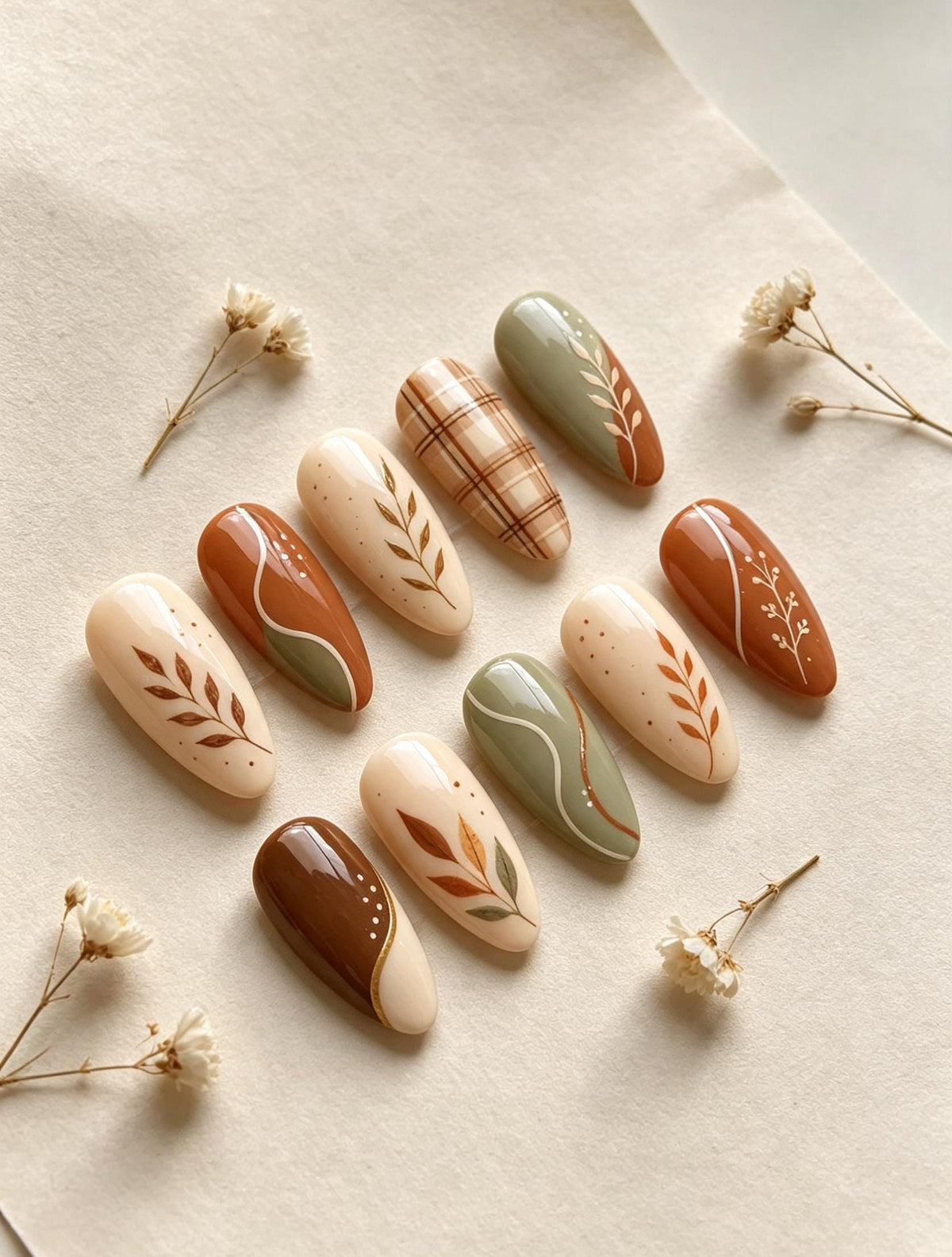 Fall Botanical Plaid Press On Nails in Sage Green, Terracotta, and Ivory for Thanksgiving