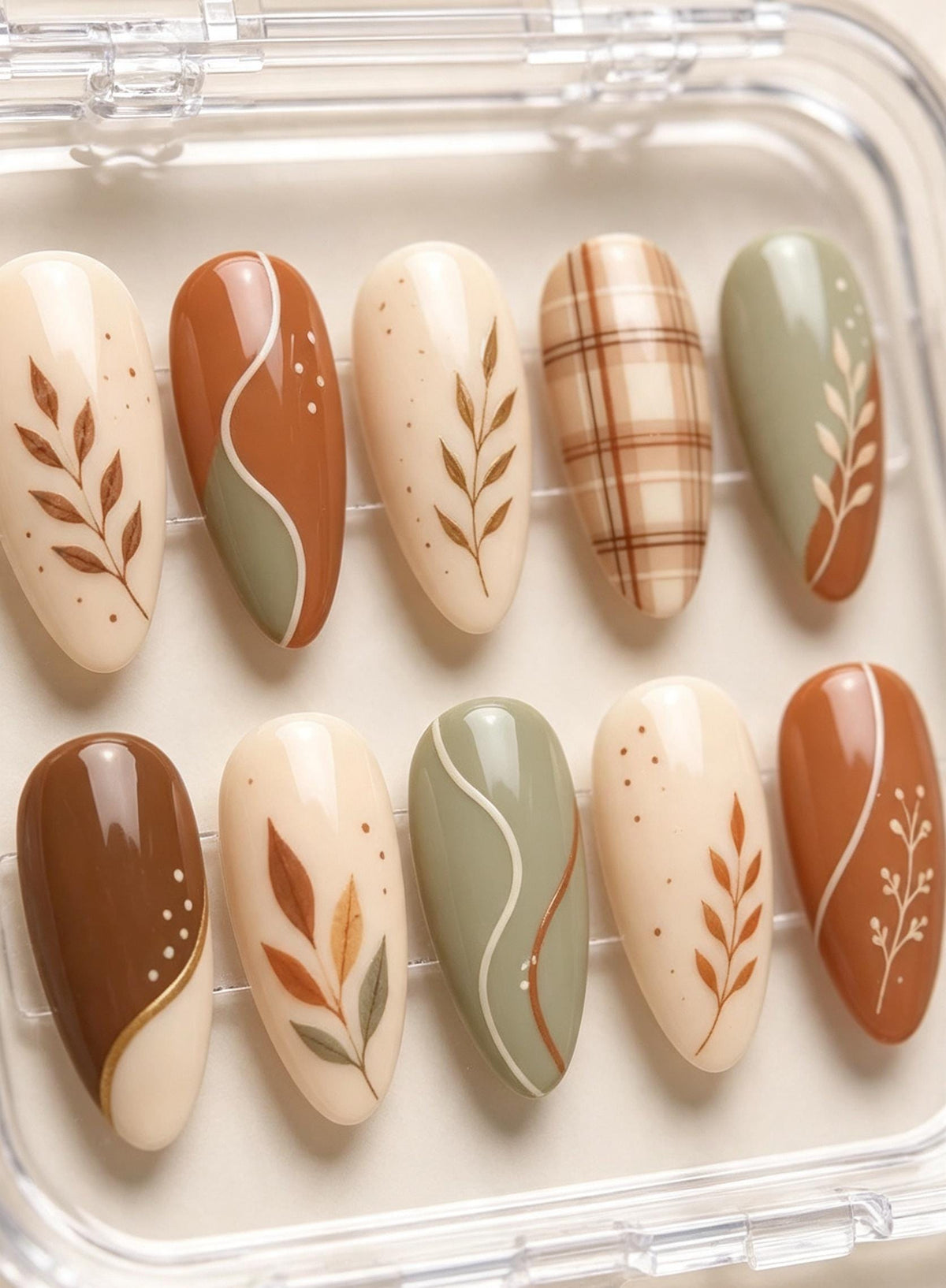 Fall Botanical Plaid Press On Nails in Sage Green, Terracotta, and Ivory for Thanksgiving