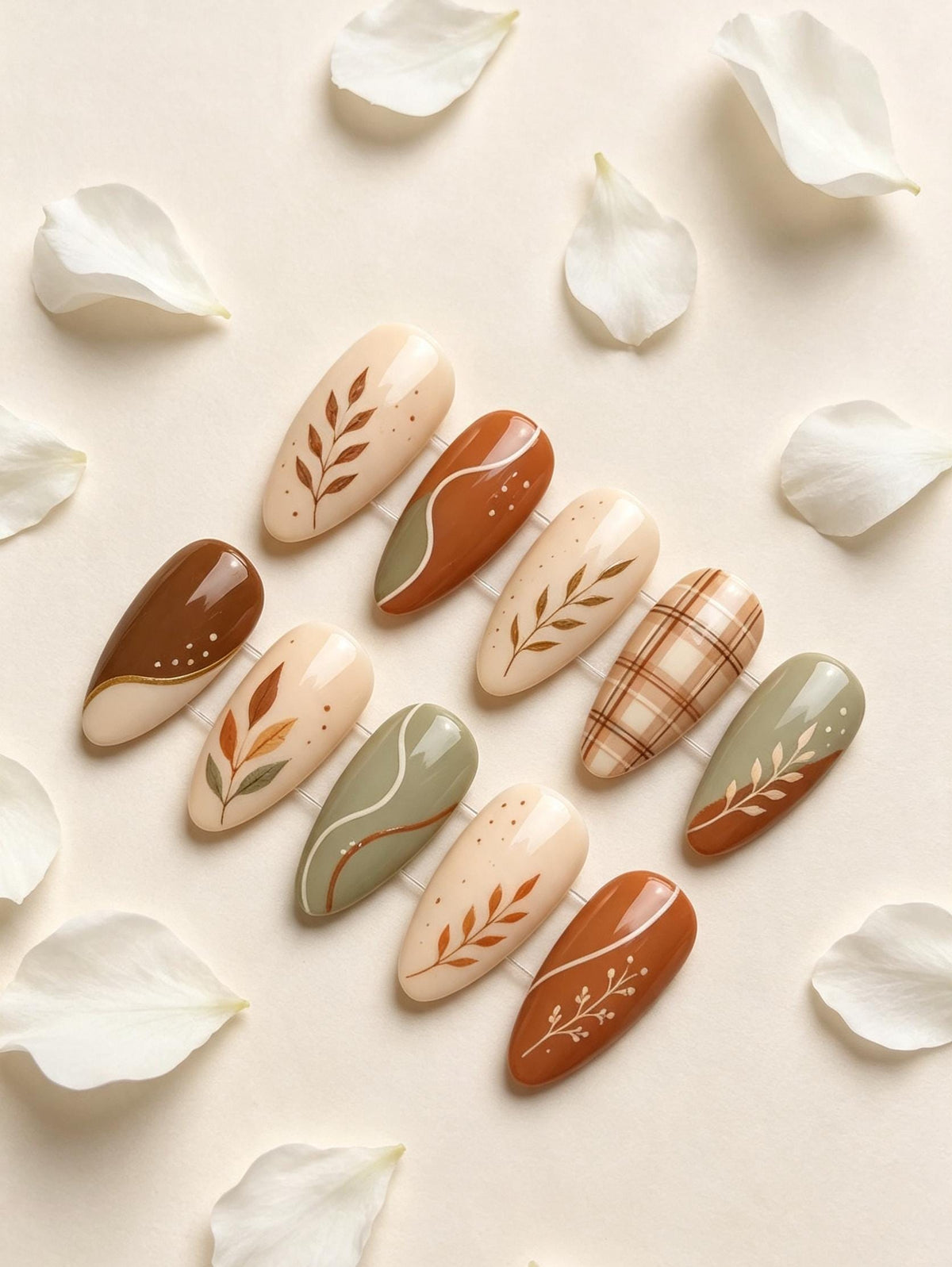 Fall Botanical Plaid Press On Nails in Sage Green, Terracotta, and Ivory for Thanksgiving