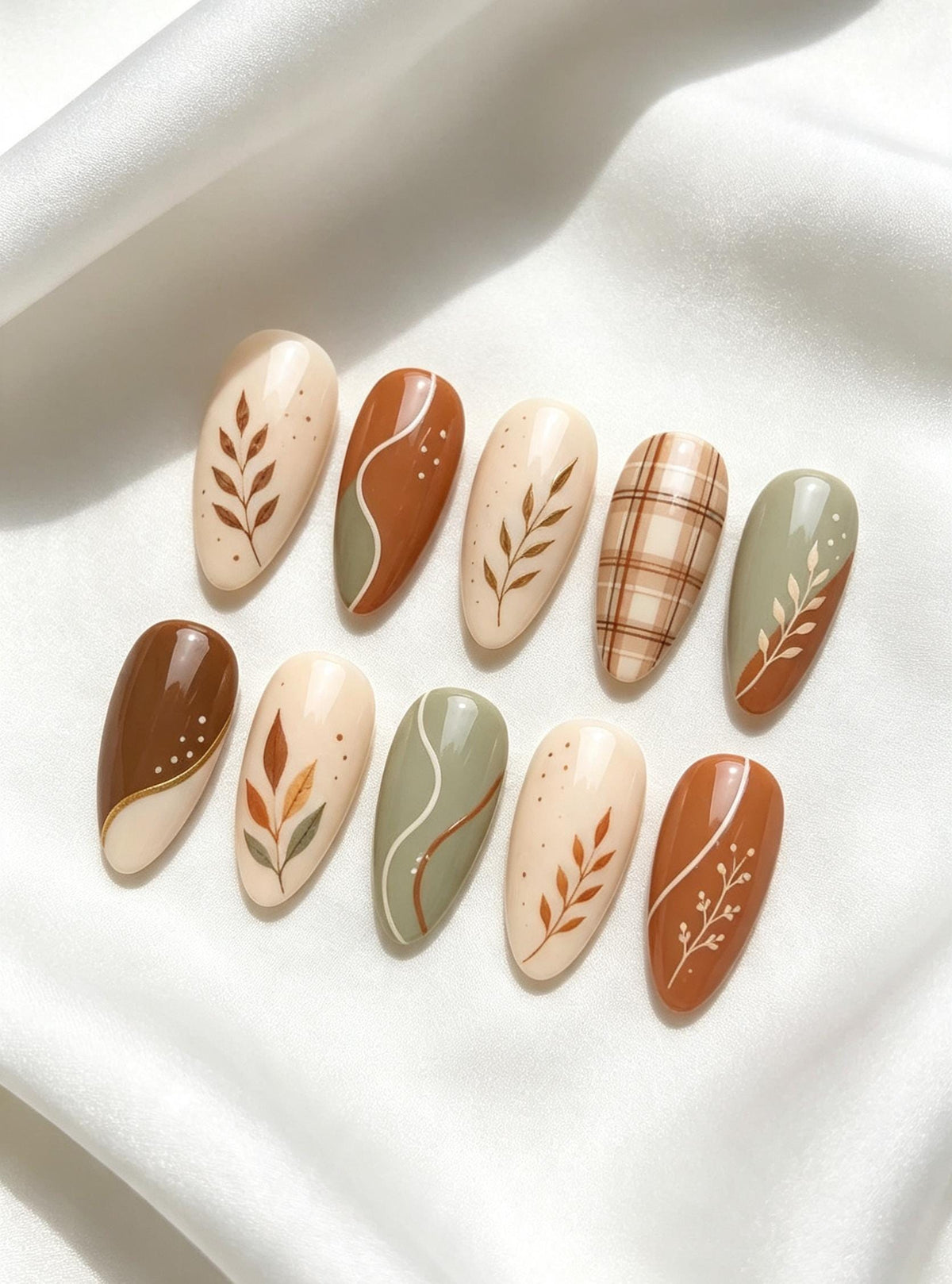 Fall Botanical Plaid Press On Nails in Sage Green, Terracotta, and Ivory for Thanksgiving