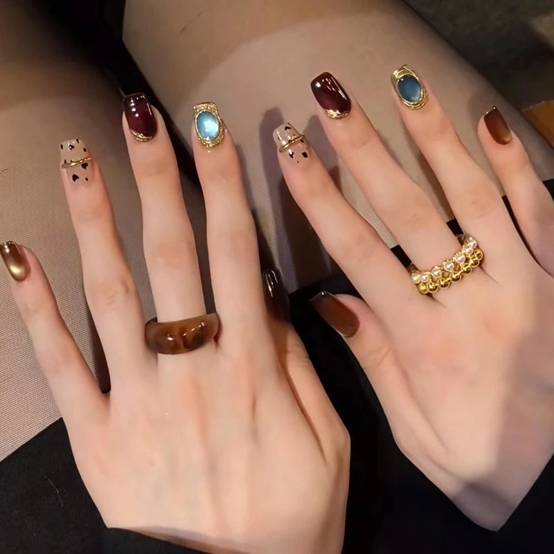 Fall Brown and Amber Leopard Spot Press On Nails with Teal Gemstone and Gold Details