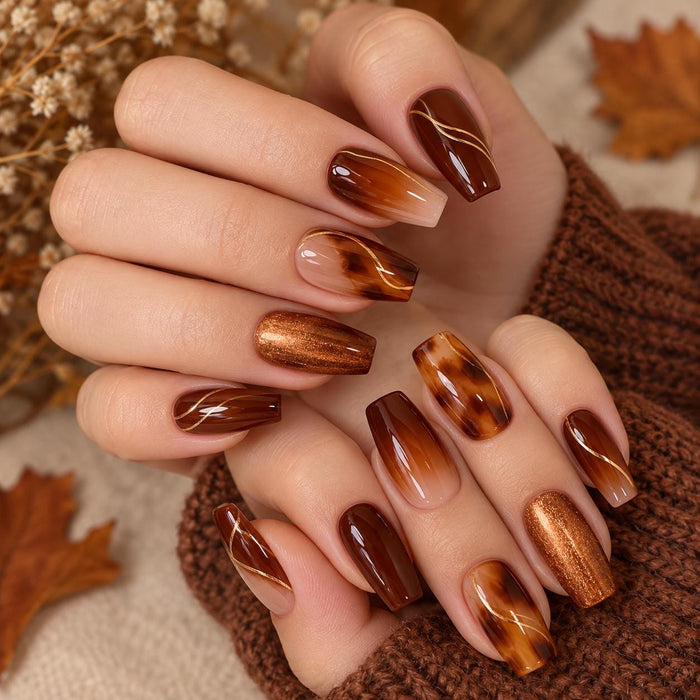 Fall Brown Tortoiseshell and Copper Cat Eye Press On Nails with Gold Lines