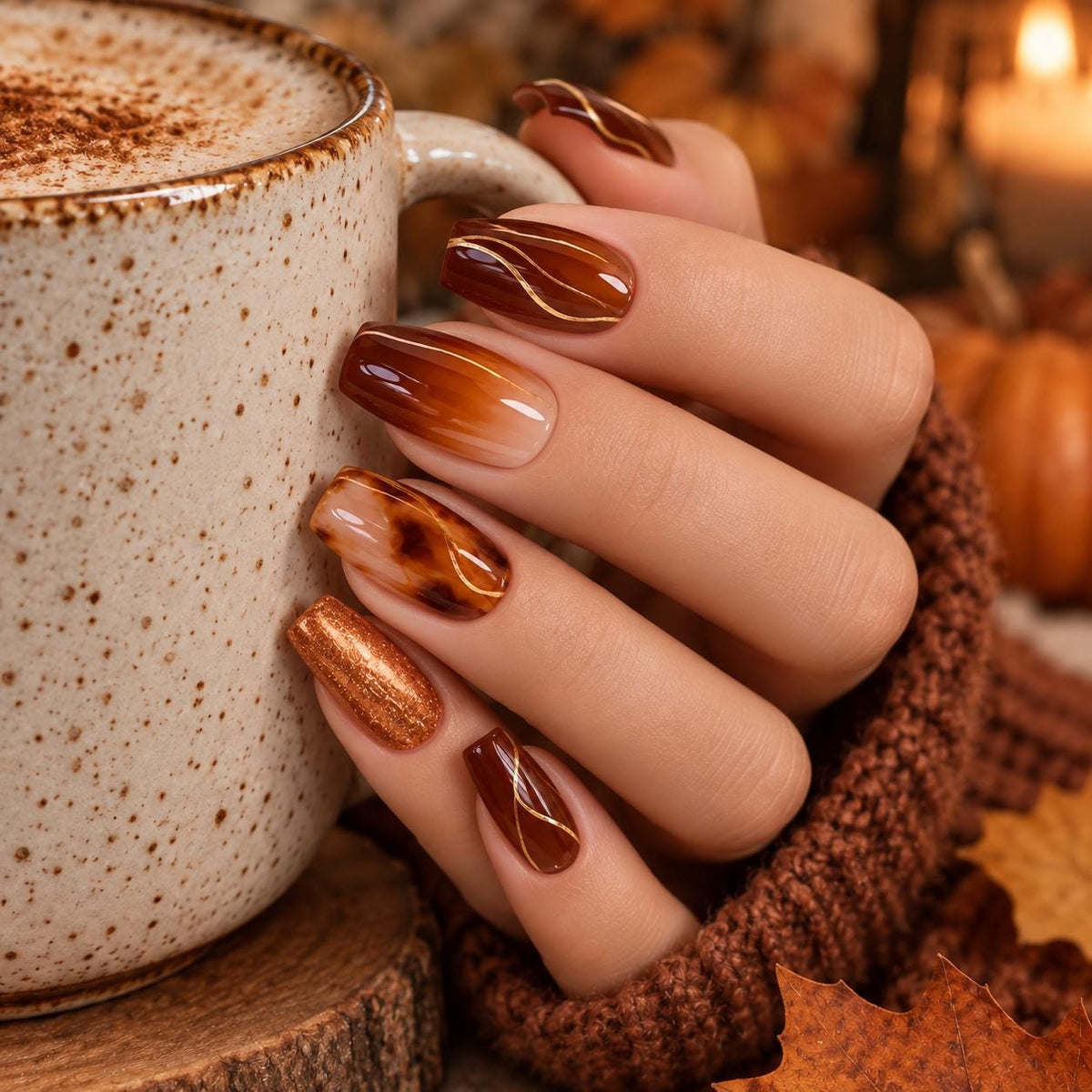Fall Brown Tortoiseshell and Copper Cat Eye Press On Nails with Gold Lines
