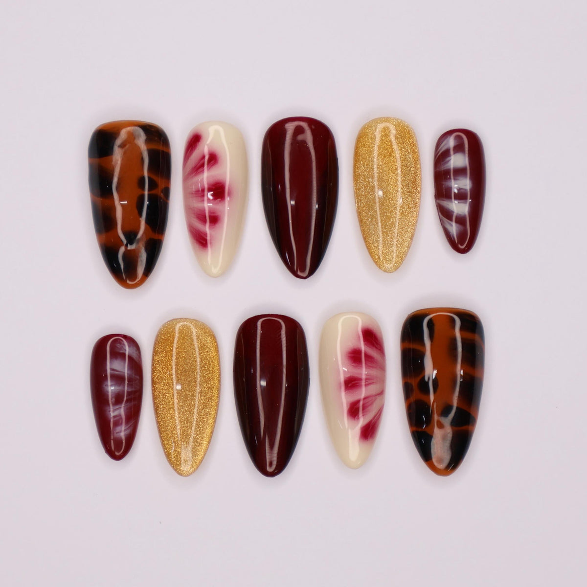 Fall Burgundy, Gold Glitter, Marble and Tortoiseshell Press-On Nails