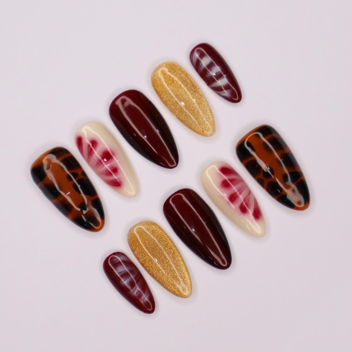 Fall Burgundy, Gold Glitter, Marble and Tortoiseshell Press-On Nails