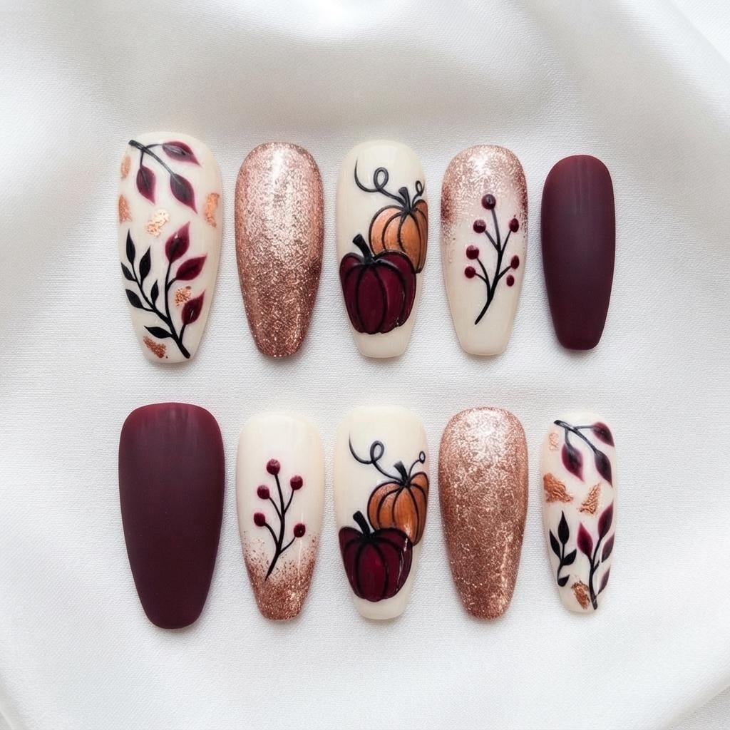 Fall Burgundy Pumpkin and Botanical Nails With Rose Gold Glitter