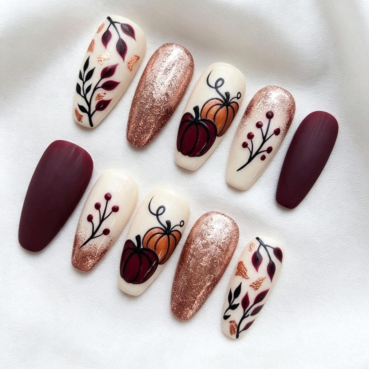 Fall Burgundy Pumpkin and Botanical Nails With Rose Gold Glitter