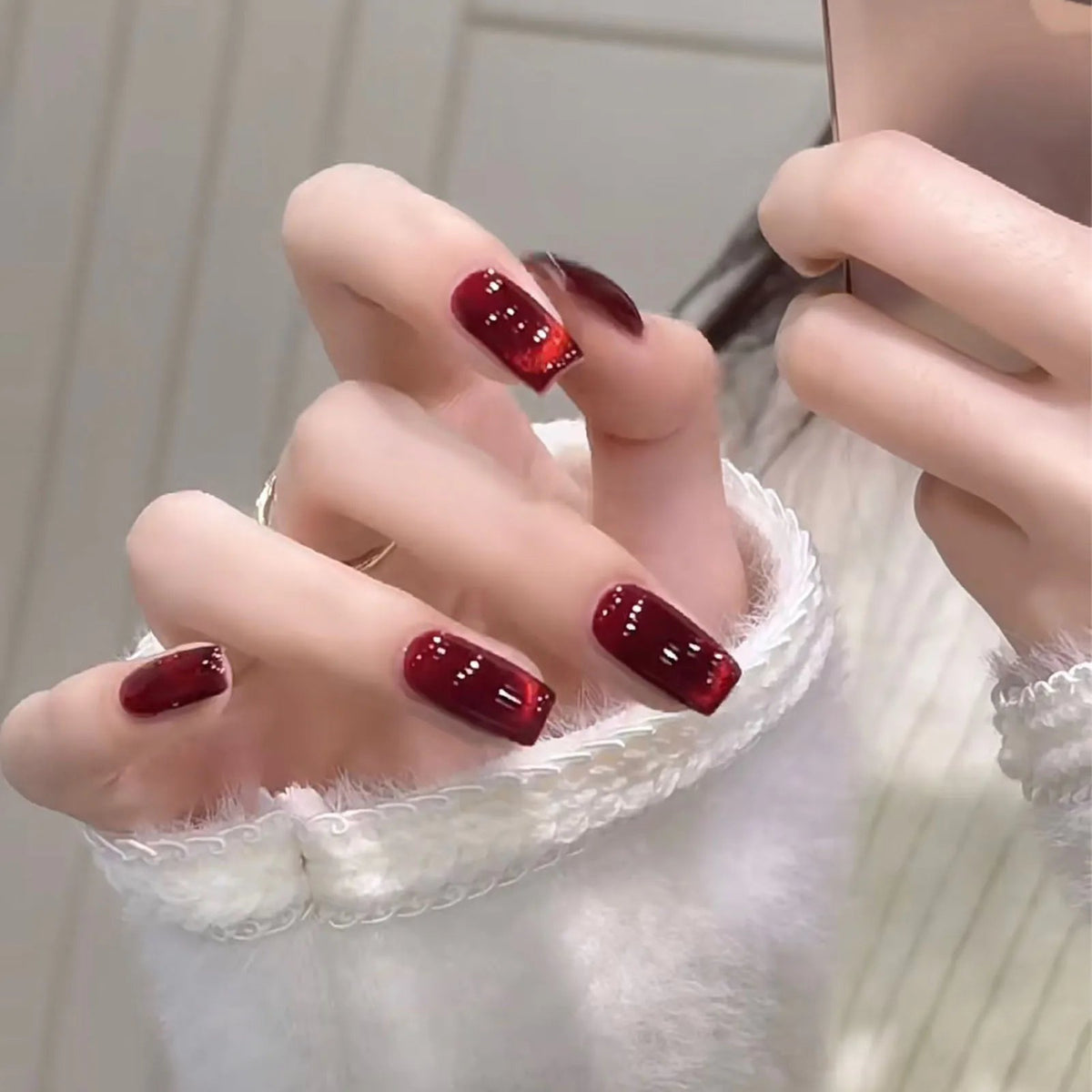 Fall Burgundy Red Cat Eye Press On Nails