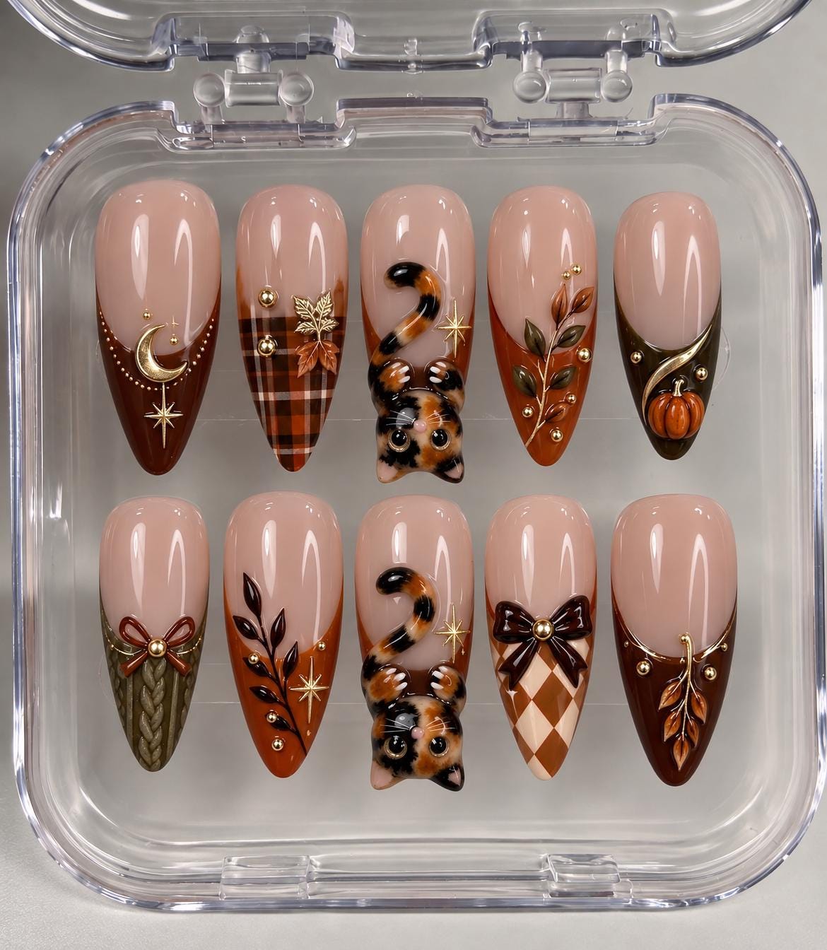 Fall Cat Press On Nails With Plaid, Pumpkins, Bows and Gold Details
