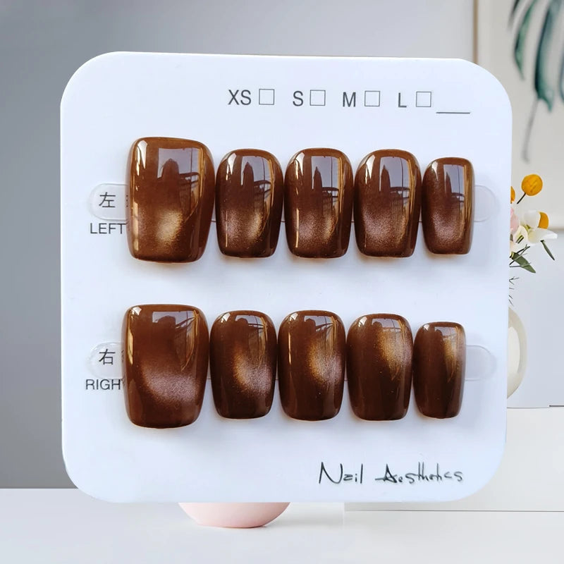 Fall Chocolate Brown Cat Eye Press On Nails With Champagne Shimmer
