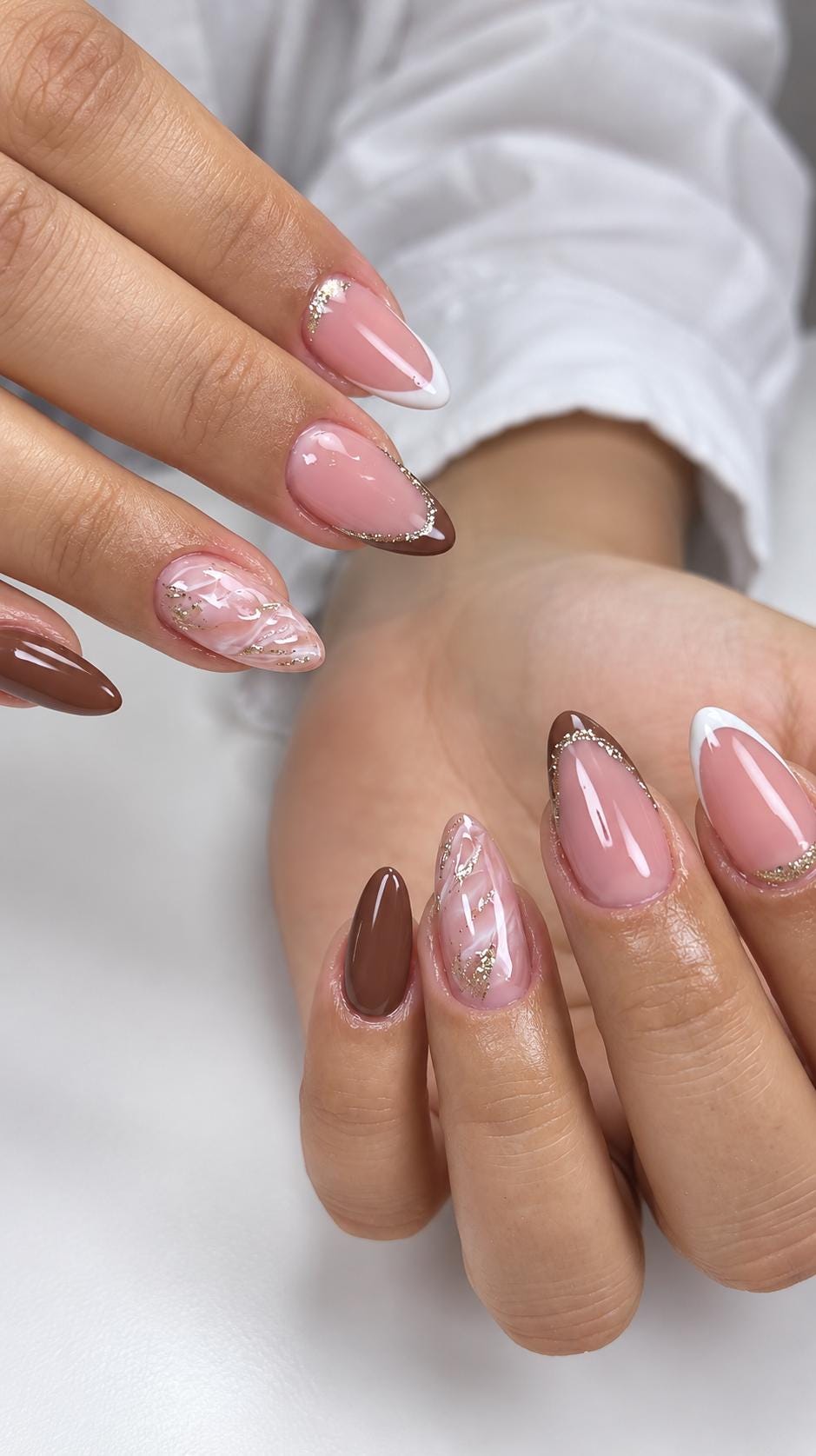 Fall Chocolate Brown French Tip Press-On Nails With Pink Marble Accents