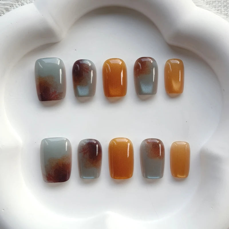 Fall Glossy Blue-Gray, Amber and Brown Mottled Nail Set