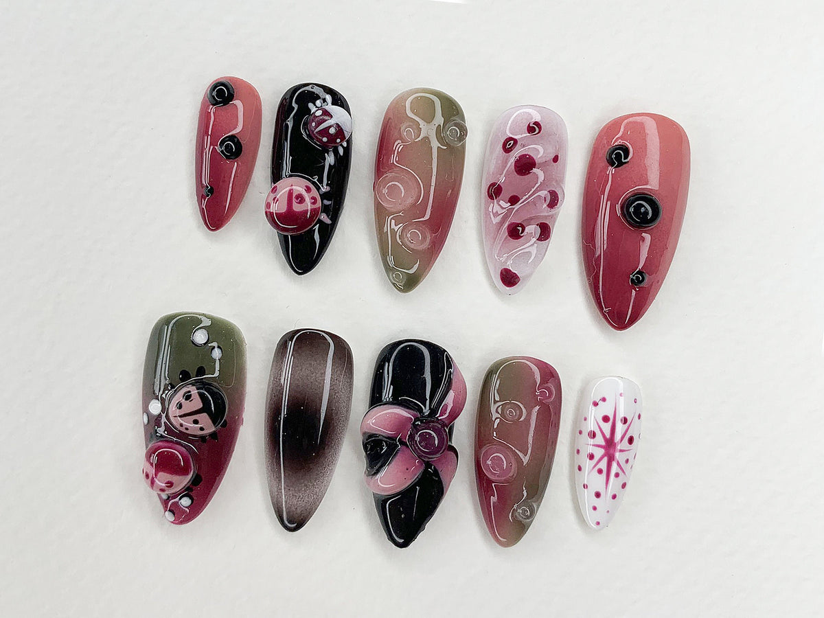 Fall Insect Garden Press-On Nail Set With Pink Ladybugs and Flower Accents