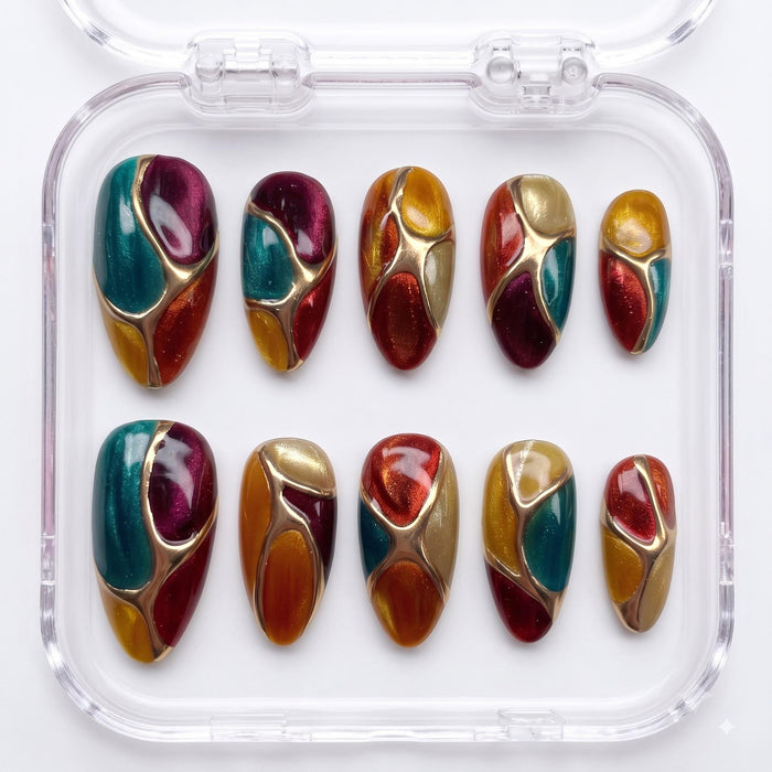 Fall Jewel-Tone Stained Glass Press-On Nails With Gold Lines