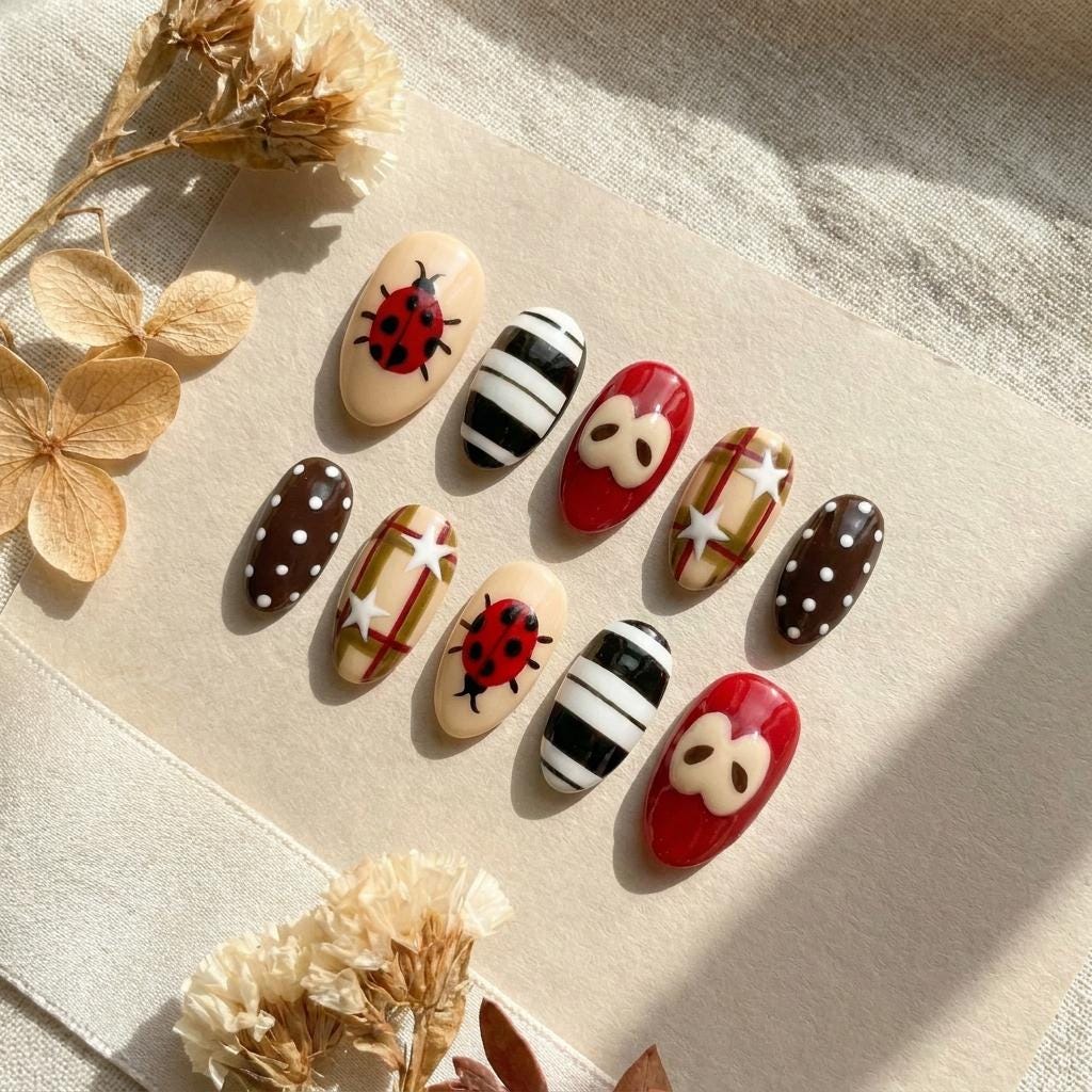 Fall Ladybug, Plaid, Stripe and Polka Dot Nail Set