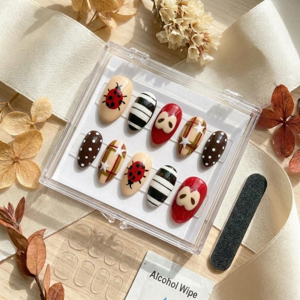 Fall Ladybug, Plaid, Stripe and Polka Dot Nail Set