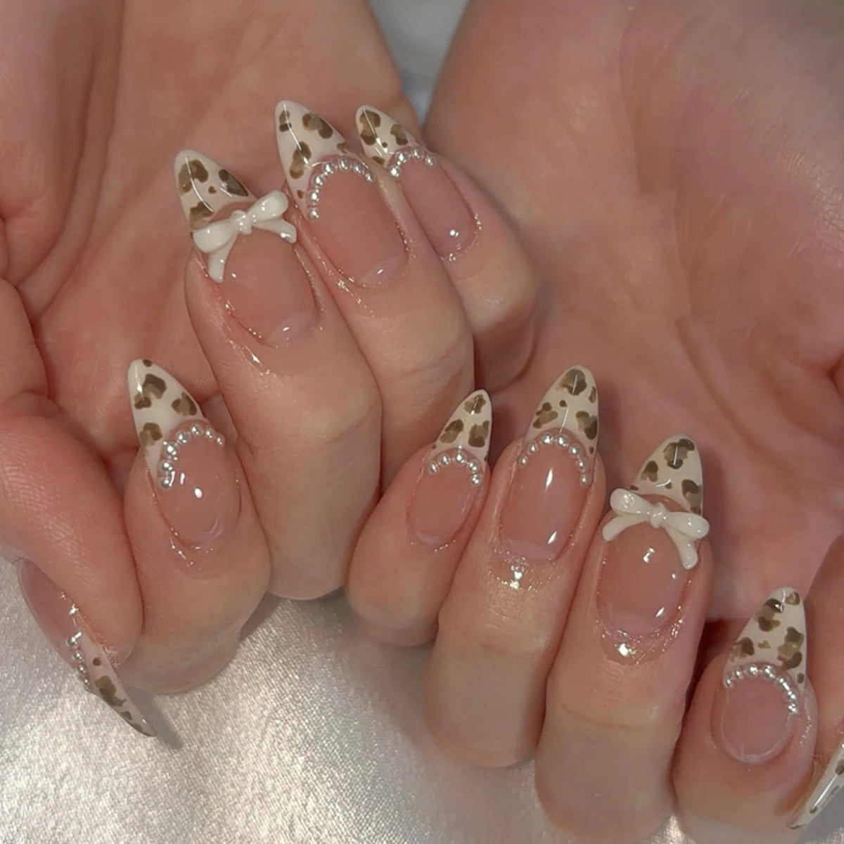 Fall Leopard French Tip Press On Nails with White Bows and Rhinestone Accents