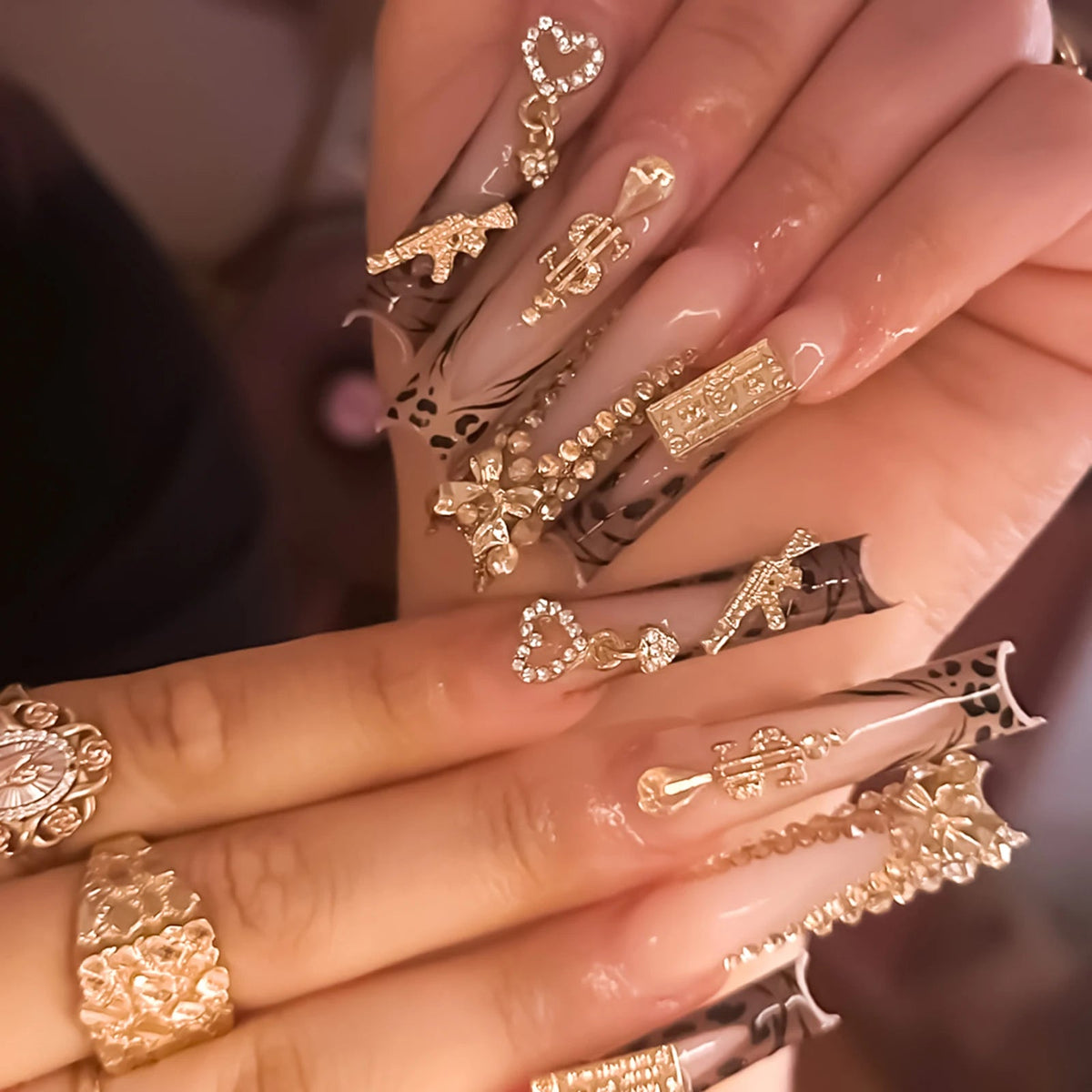 Fall Nude Leopard French Tip Nails with Gold Heart Charms and Rhinestones