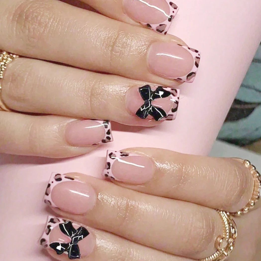 Fall Pink Leopard French Tip Nails With Raised Black Bows