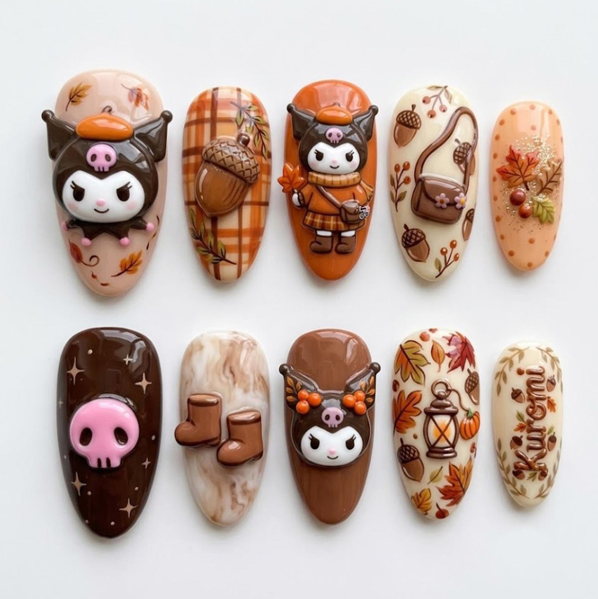 Fall Press On Nails with Plaid, Acorns and Raised Autumn Details