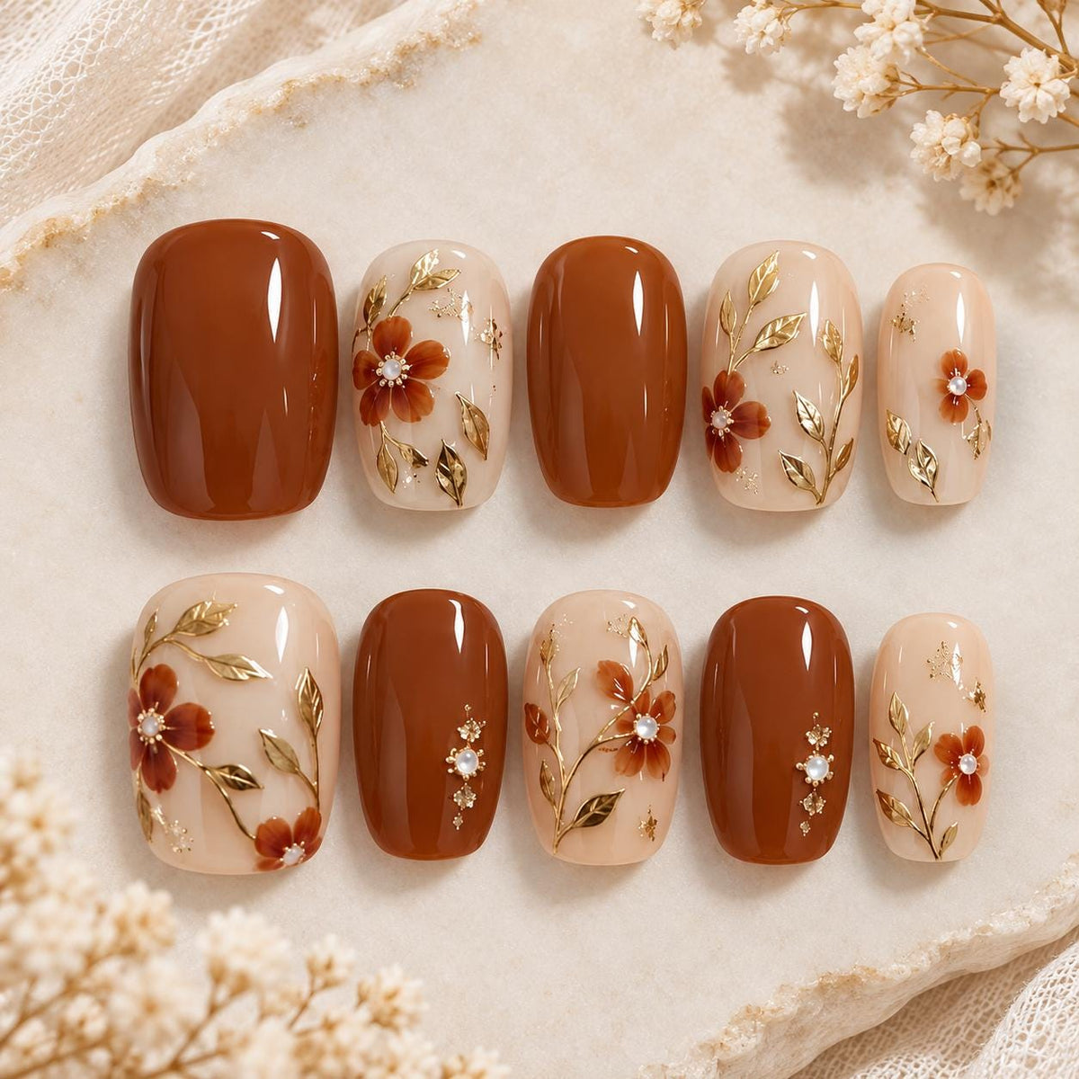 Fall Rust Brown Floral Press-On Nails with Gold Botanical Details