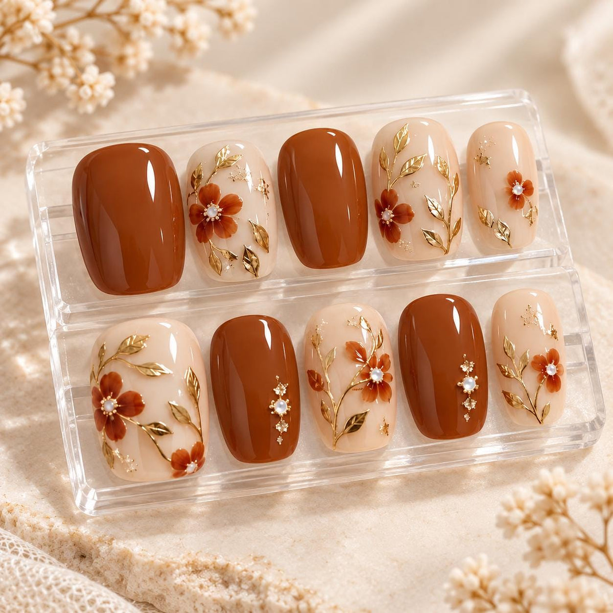 Fall Rust Brown Floral Press-On Nails with Gold Botanical Details