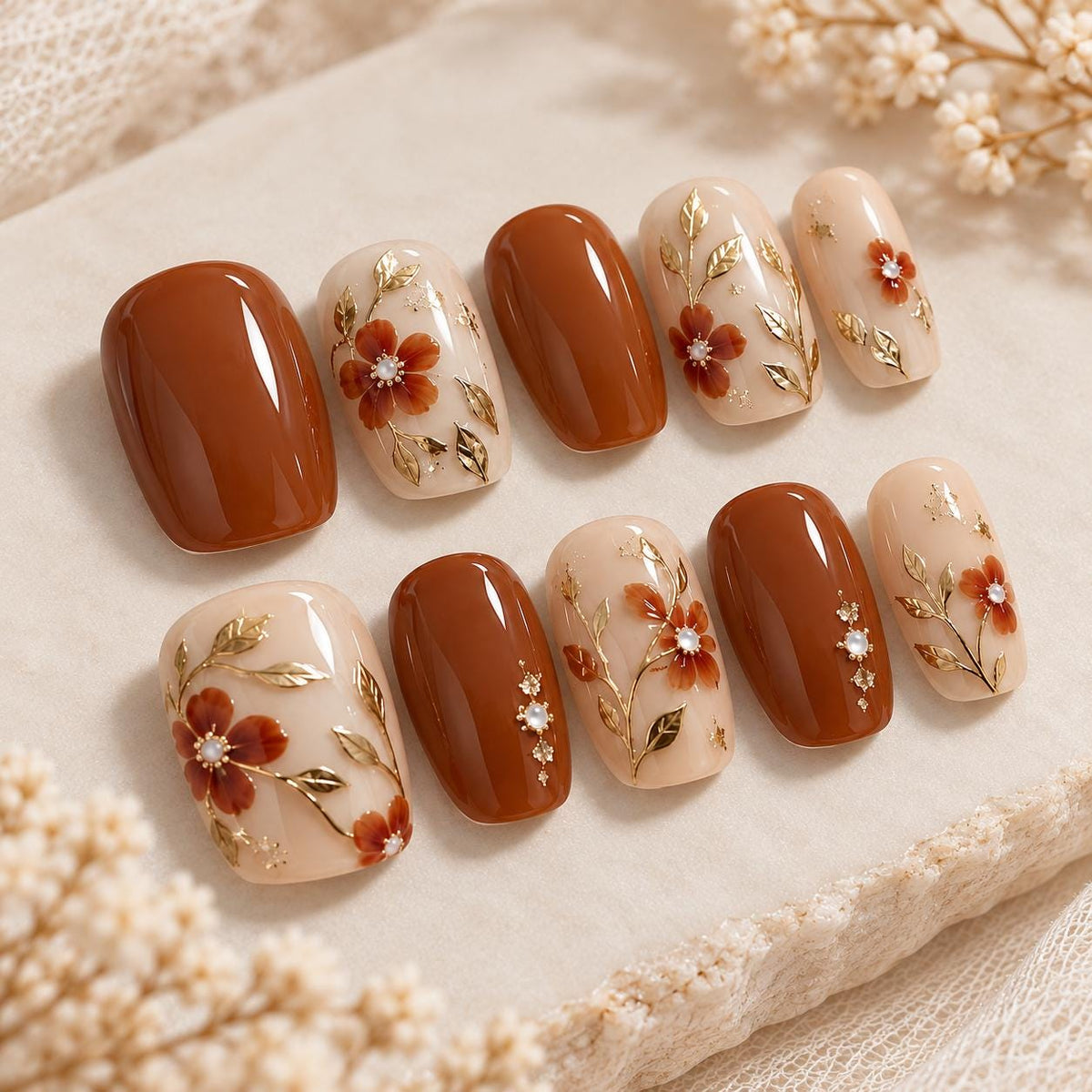 Fall Rust Brown Floral Press-On Nails with Gold Botanical Details