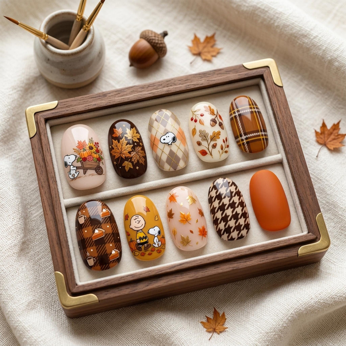 Fall Snoopy and Charlie Brown Nails with Plaid, Acorns and Autumn Leaves