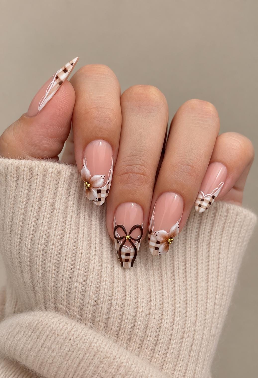 Fall Winter Nude Plaid French Tip Nails With 3D Flowers and Brown Bow