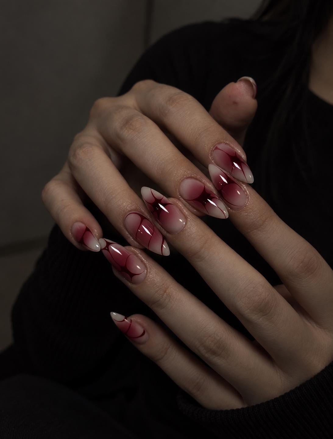 Fall Winter Sheer Pink Burgundy Abstract Nails With White Tips