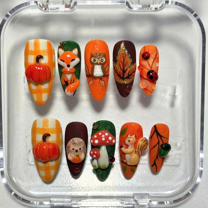 Fall Woodland Animal Press On Nails With Pumpkins, Plaid, Leaves, and 3D Details