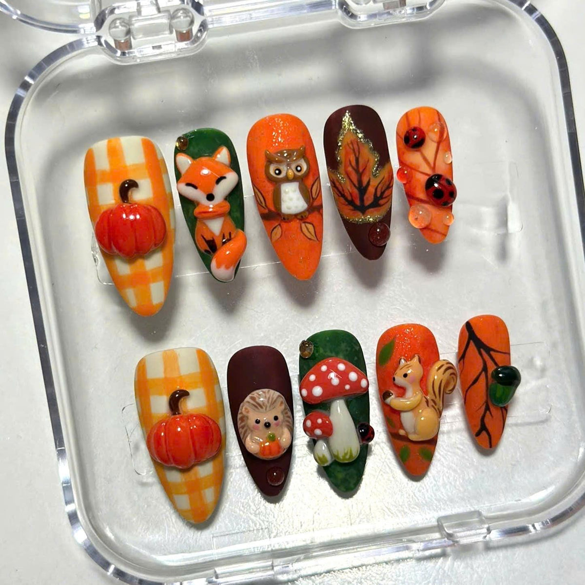 Fall Woodland Animal Press On Nails With Pumpkins, Plaid, Leaves, and 3D Details