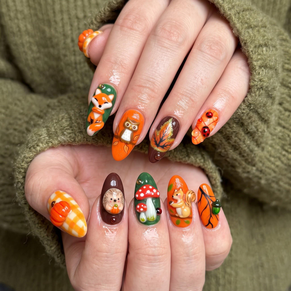 Fall Woodland Animal Press On Nails With Pumpkins, Plaid, Leaves, and 3D Details